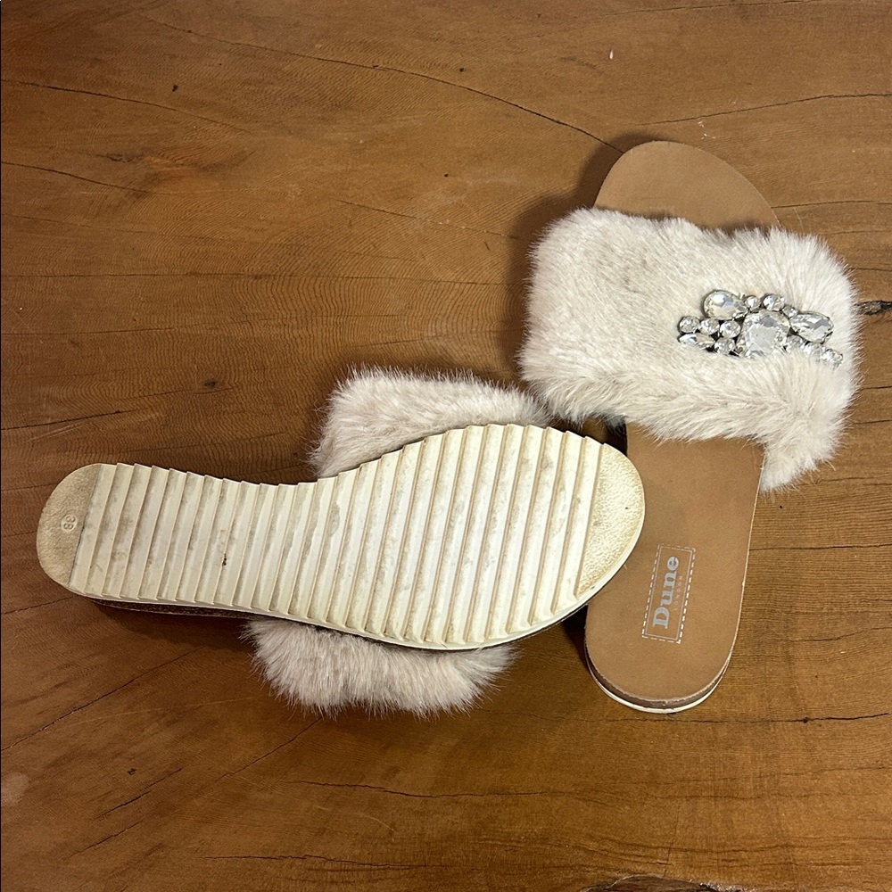 Dune London Tan and Cream Fur Embellished Sandals